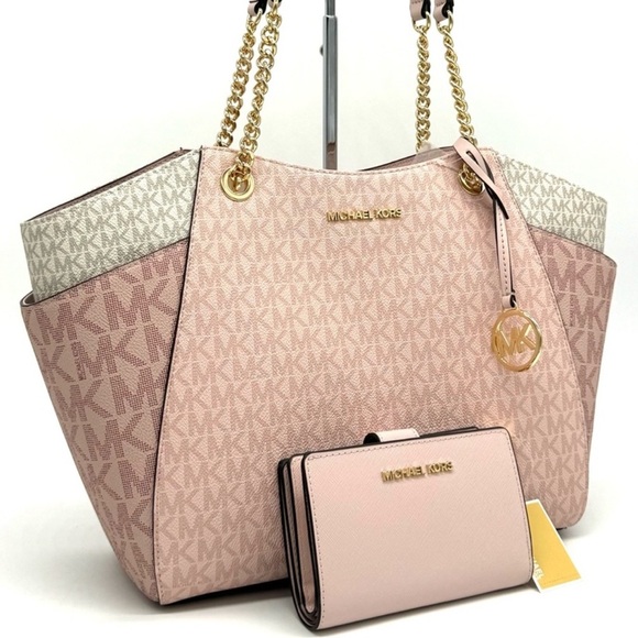 Michael Kors Large JST Chain Shoulder Bag & Bifold Zip Chain Wallet Powder Blush